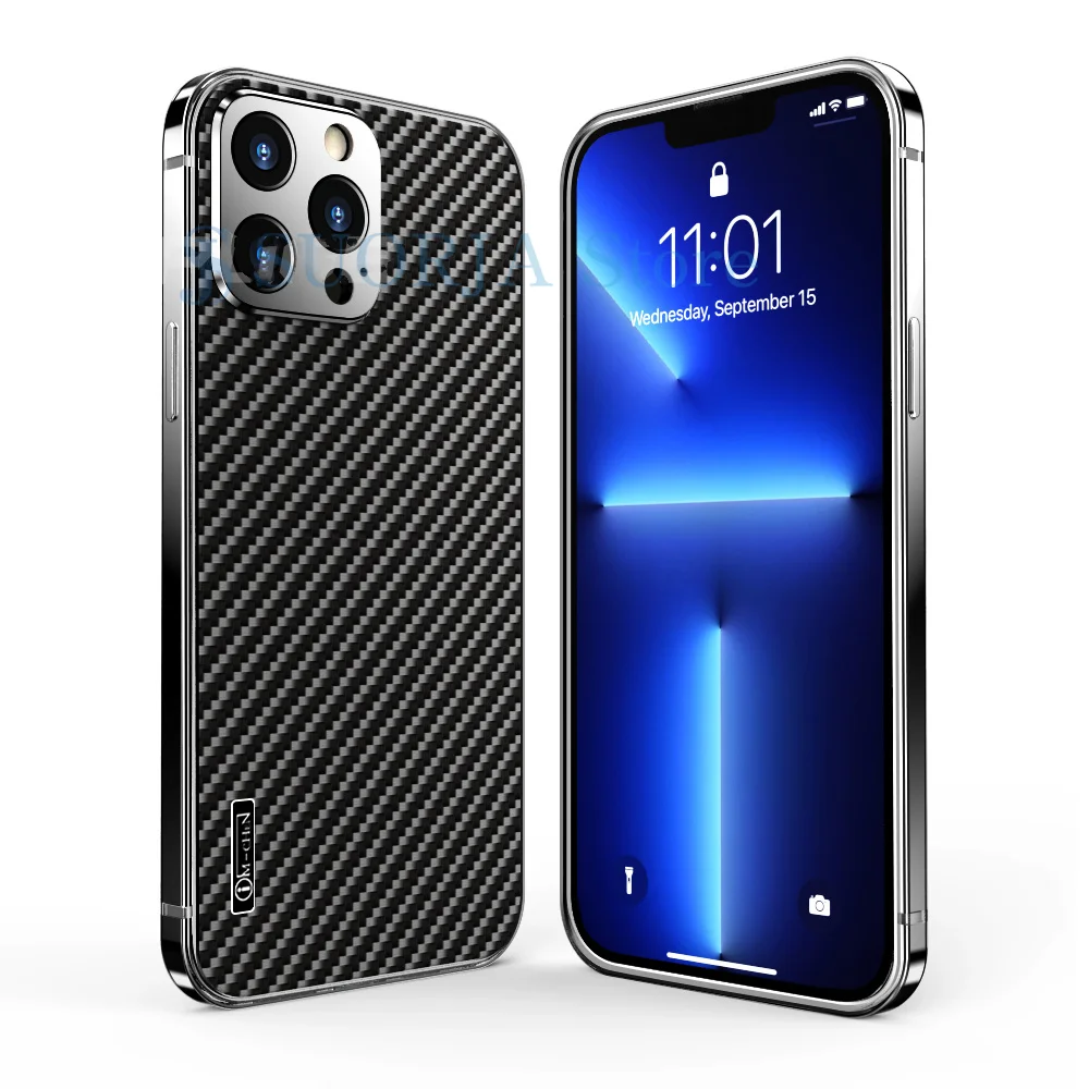 Luxury Titanium Metal Bumper Carbon Fiber Case For iPhone 12 13 Pro Max