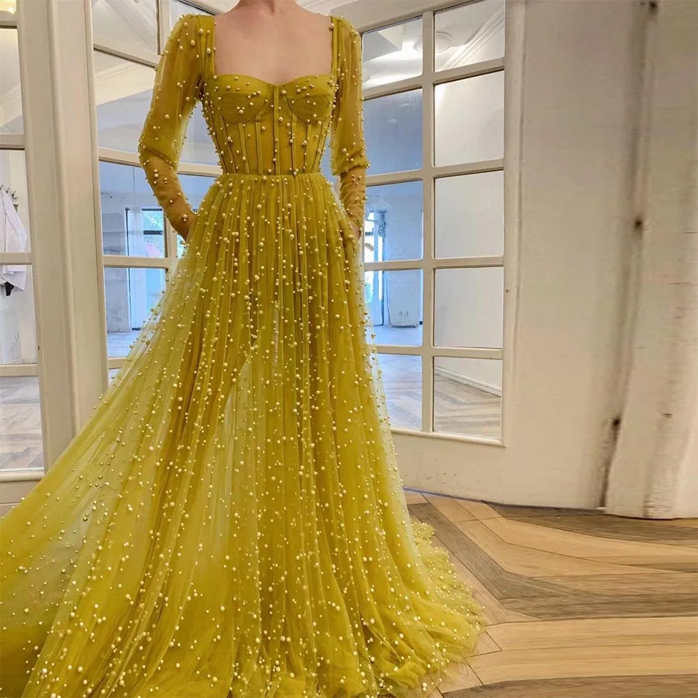 

Sevintage Yellow Beaded Pearls Prom Dresses Long Sleeves Sweetheart A-Line Evening Gowns Formal Party Dress with Pockets 2022
