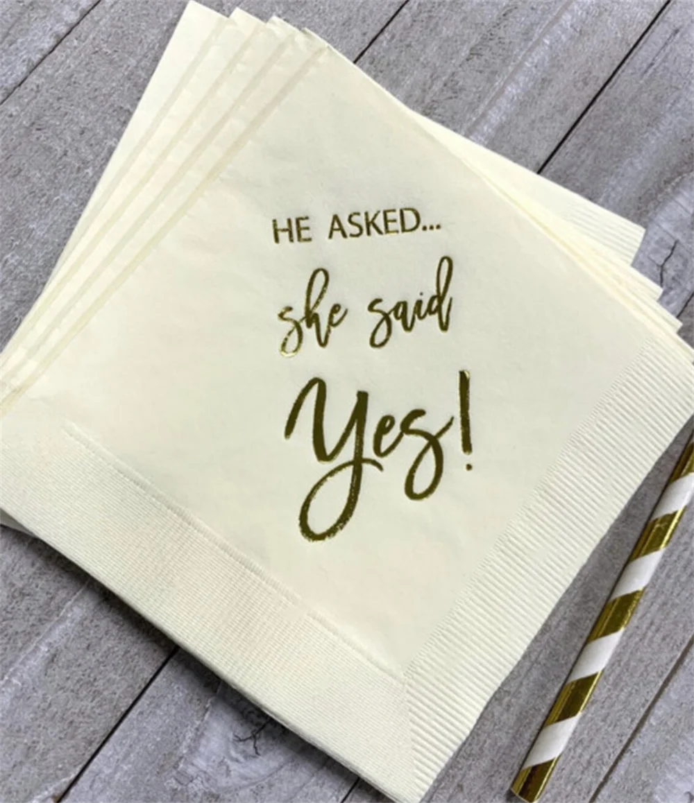 

50PCS Ivory Ecru with Metallic Gold Foil Cocktail Beverage Napkins He Asked She said Yes Engagement Party