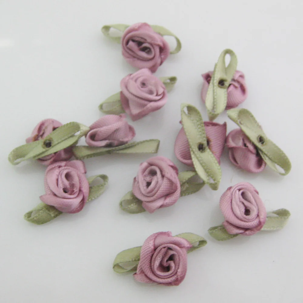 Vibrant Fabric Ribbon Rose Rosettes with Leaf - Set of 50 Flower Embellishments for DIY Crafts & Sewing Supplies