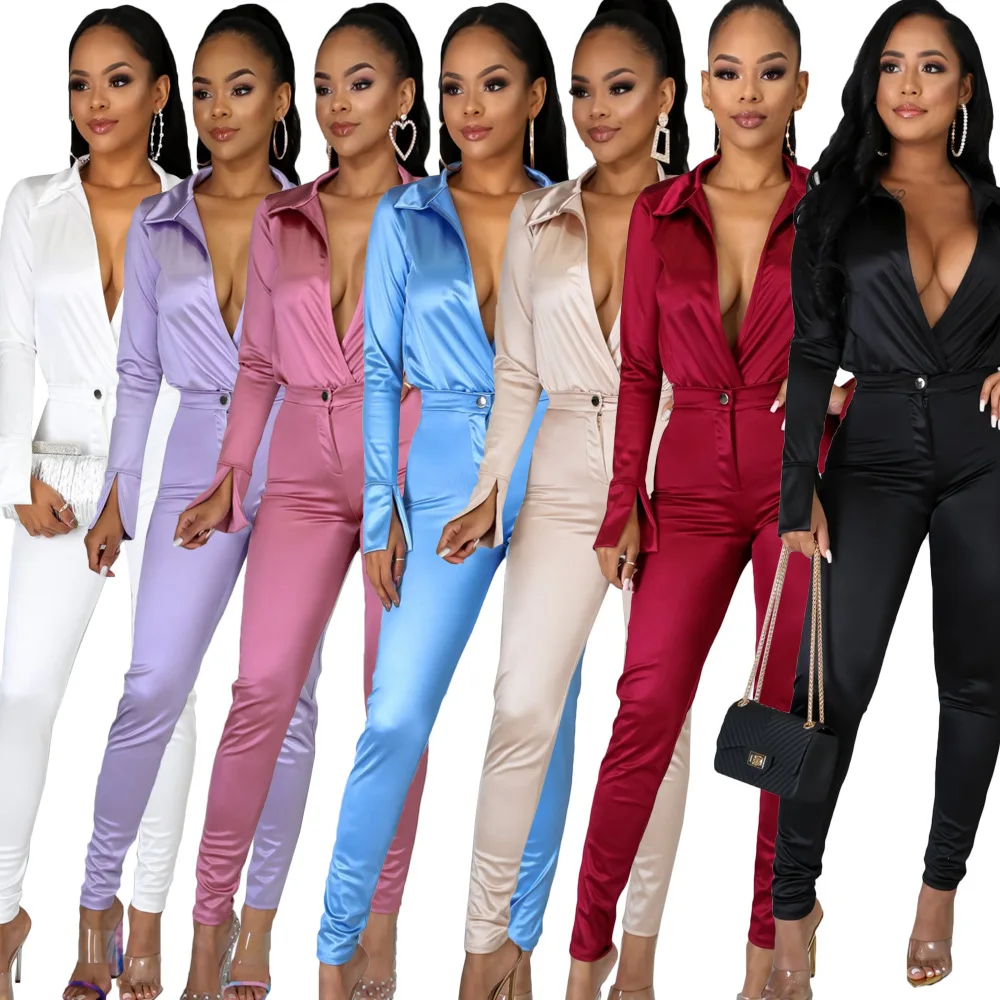 

Charming Women Satin Outfits 2022 Spring Sexy Deep V Neck Bodysuit Shirt + High Waist Pants Two Pieces Party Clubwear Sets