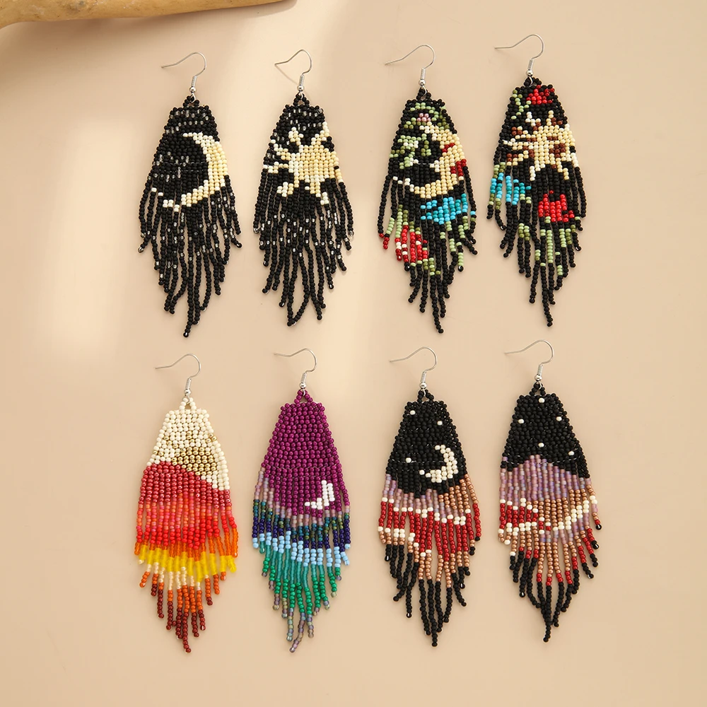 

Beaded earrings Tassel Astral View Originality Hand knitting Bohemia Alloy Tide Simple Rice bead earrings