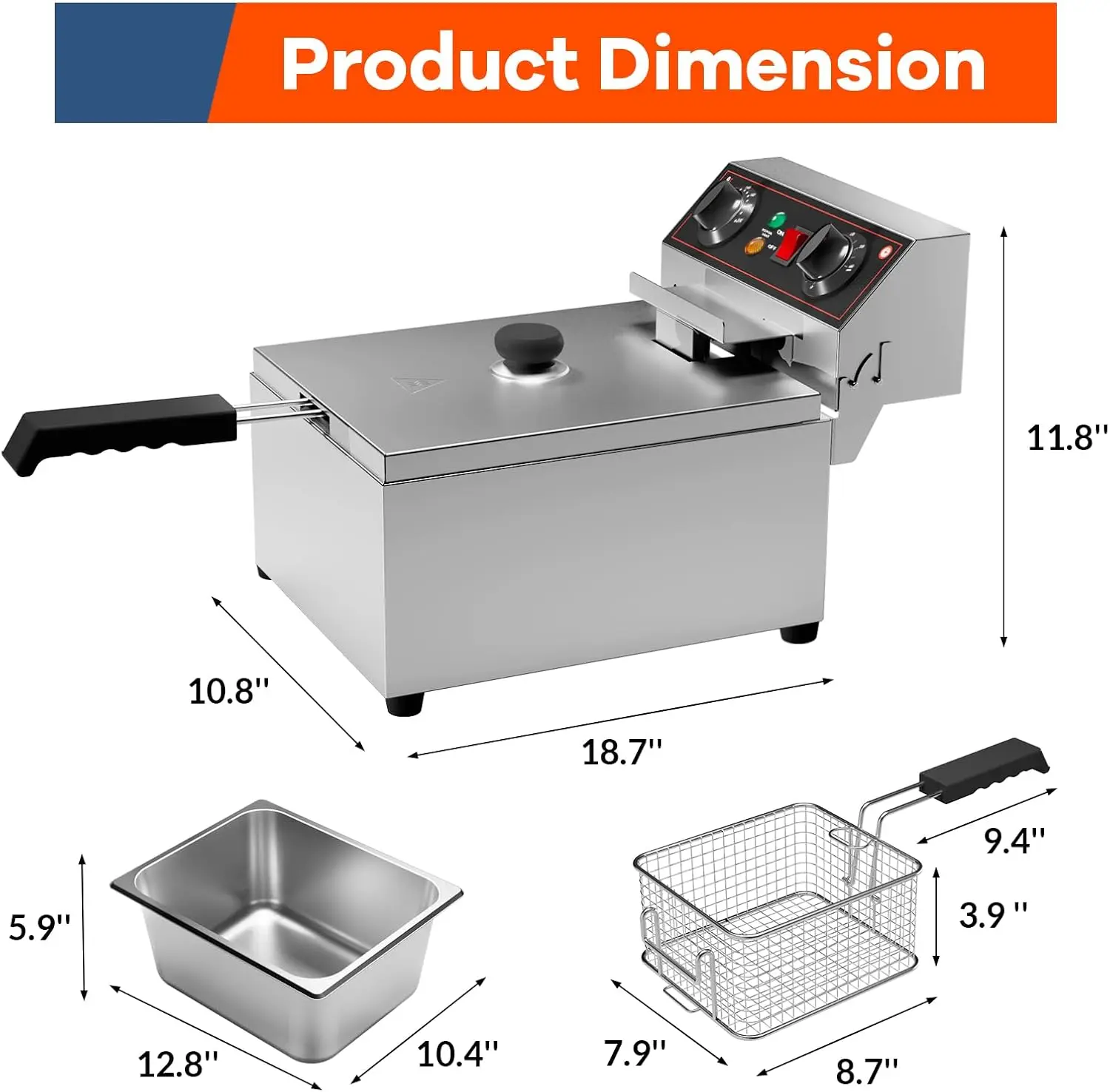 10.6QT/10L Electric Deep Fryer w/Basket & Lid, Stainless Steel Countertop Fryers, 3000W Single Tank Frying Machine w/Adjustable 2