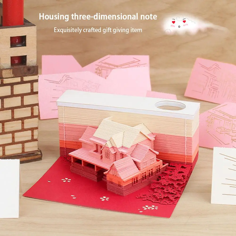 

3D Pink Attic Paper Carving Model Notepad 3D Three-dimensional Paper Creative Memo Gift Block Note Pad Notepad I4D0