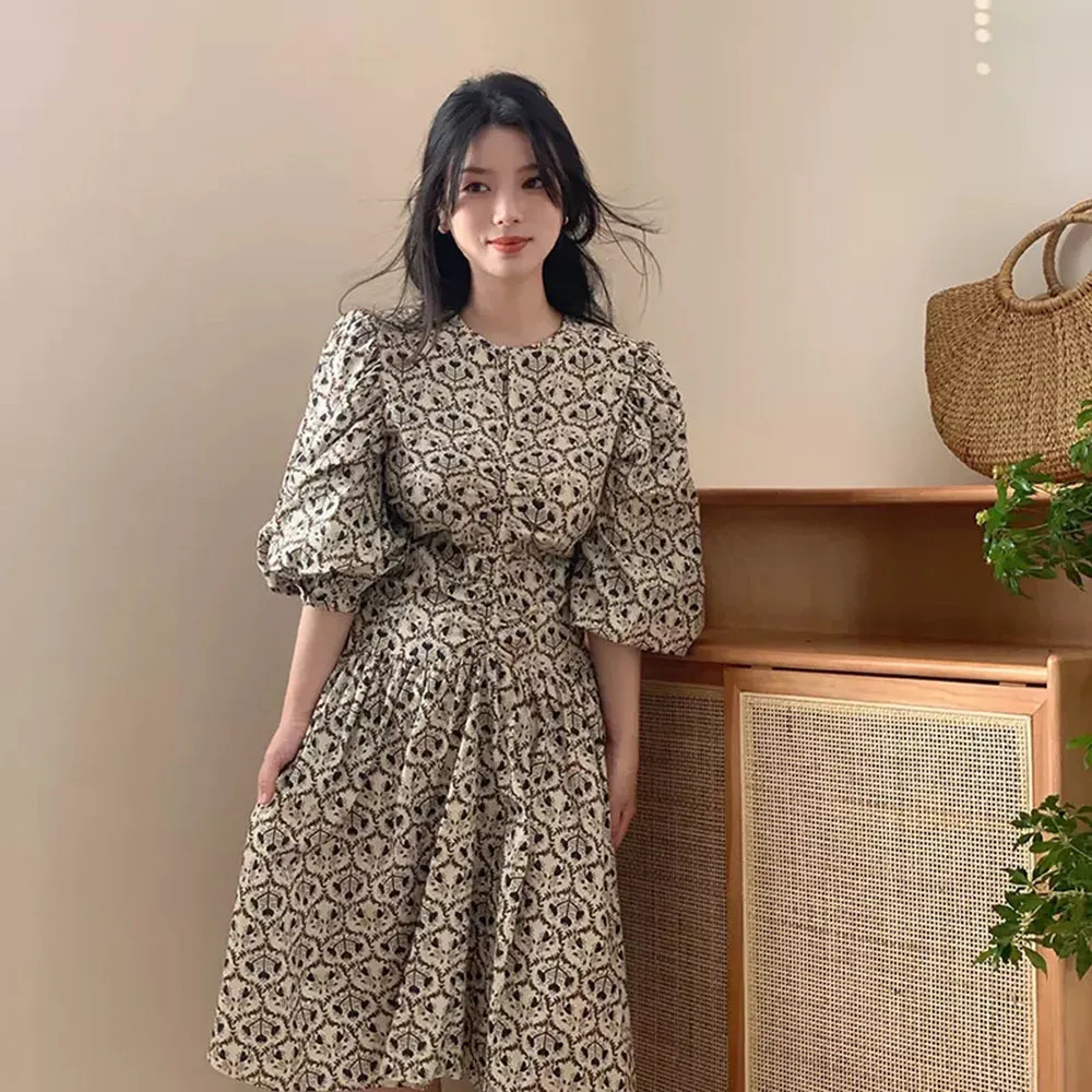 

2022 Autumn New Long-sleeved Princess Dress Women Slim Korean Lantern Sleeve Floral Sweet Dress Ladies Retro Mujer Vestido Robe