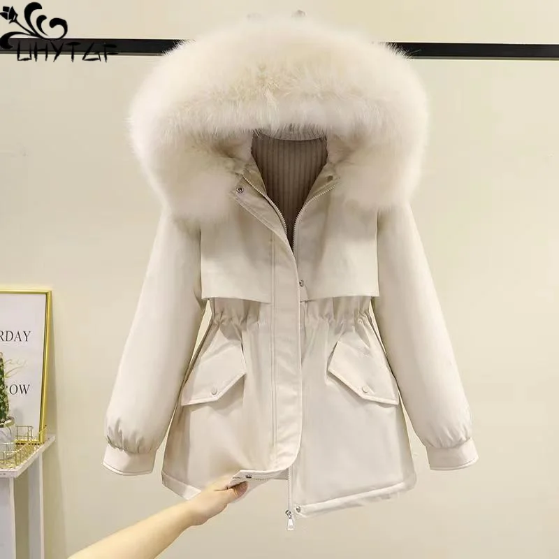 

UHYTGF Add Fleece Thickened Parka Coat For Women New Winter Loose Korean Large Fur Collar Hooded Zipper Casual Lady Cargo Jacket