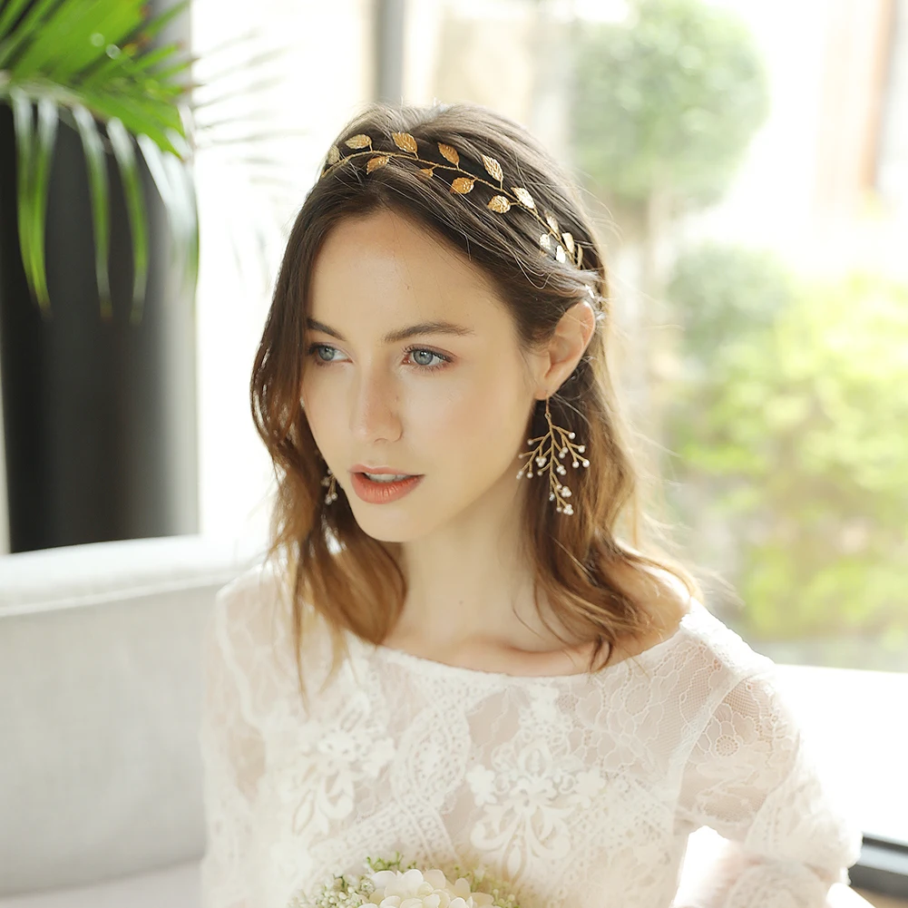 Bridal Jewelry Simple Metal Hair Bands Europe and The United States Wedding Headdress Handmade Gold Leaf Headband Female