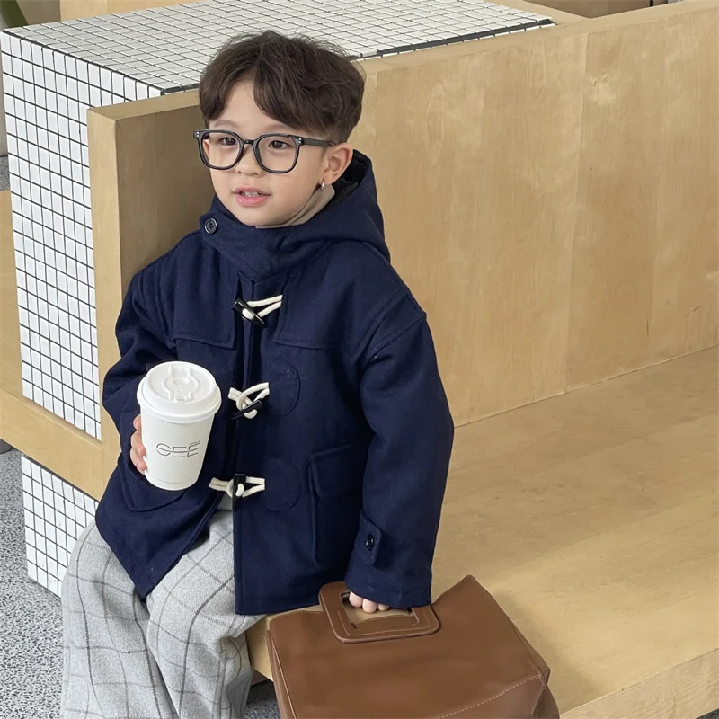 

Girls Wool Coat Jacket Outerwear 2023 Navy Blue Thicken Plus Velvet Winter Autumn Cotton Children's Clothing