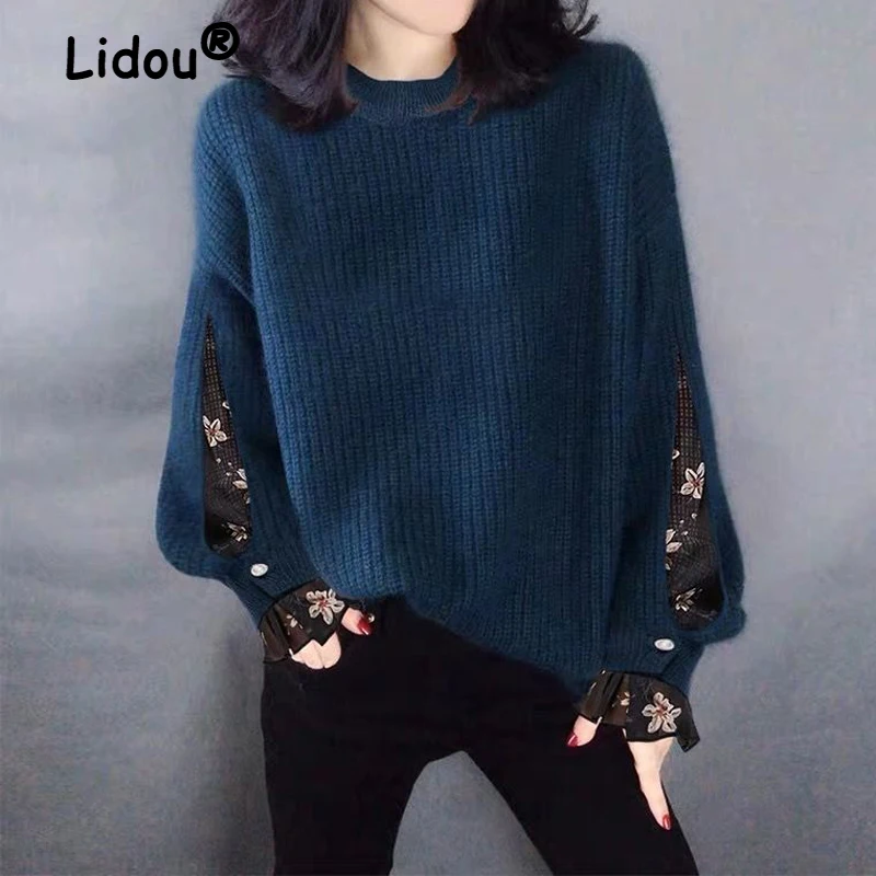 

Elegant O-neck Women Fashion Chic Solid Color Mesh Patchwork Pullovers Loose Femme Tops 2022 Autumn New Knitted Sweaters Korean