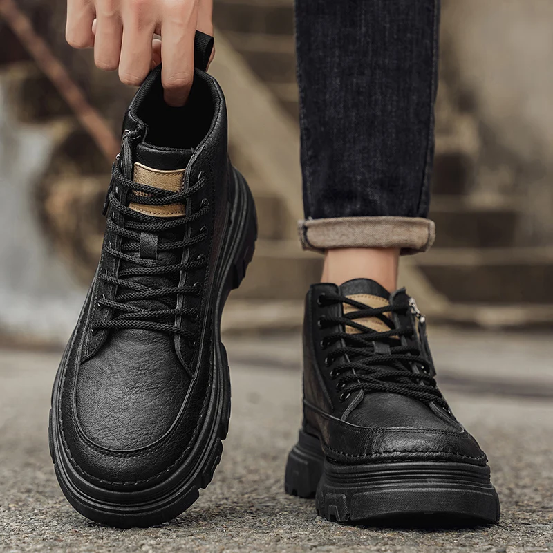 Men Boots Autumn Leather Waterproof Mid-top Sports Shoes New Fashion Ankle Boots Casual Outdoor Hiking Boots Shoes Male Sneakers - 5