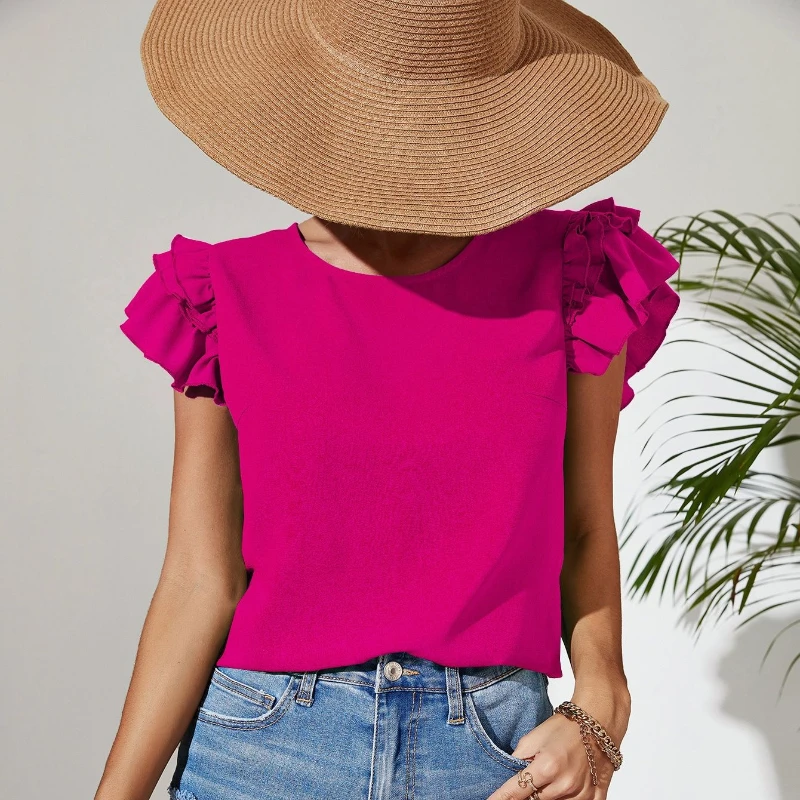 Elegant Temperament Commuter Women's Tops Round Neck Short Sleeve Ruffle Sleeves Comfortable Breathable Trendy Female Blouse