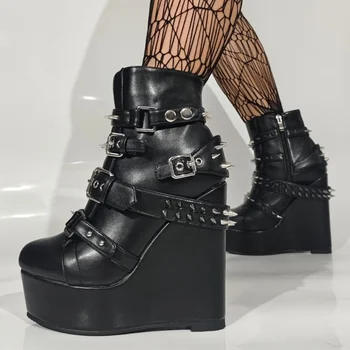 Punk Style Rivets Belt Buckle Straps Women Ankle Boots PU Black Leather Round Toe Height Increasing Studded Spikes Short Booties