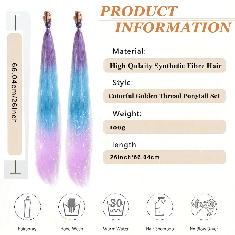 Rainbow Hair Extension Band 26 Inches with 2 Ponytails Girls Crazy Hair Day Accessory DIY Festival Fun Braid Tinsel Mixed Fiber