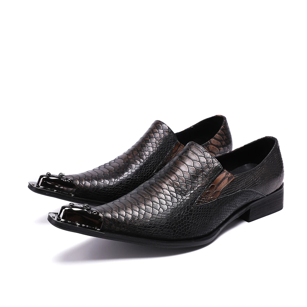 Christia Bella Italian Style Gentleman Dress Shoes Metal Pointed Toe Men Snake Grain Genuine Leather Shoes Business Men
