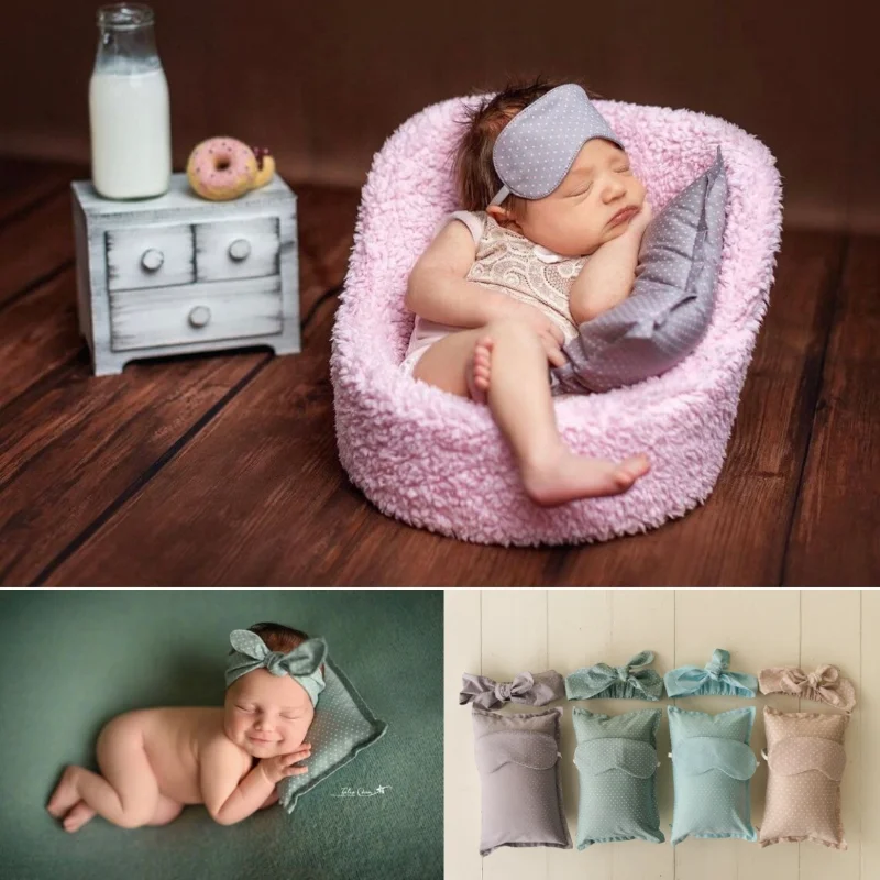 Dvotinst Newborn Photography Props Soft Bow-knot Headband Posing Pillow Eyeshade 3pcs Set Accessories Studio Photo Props