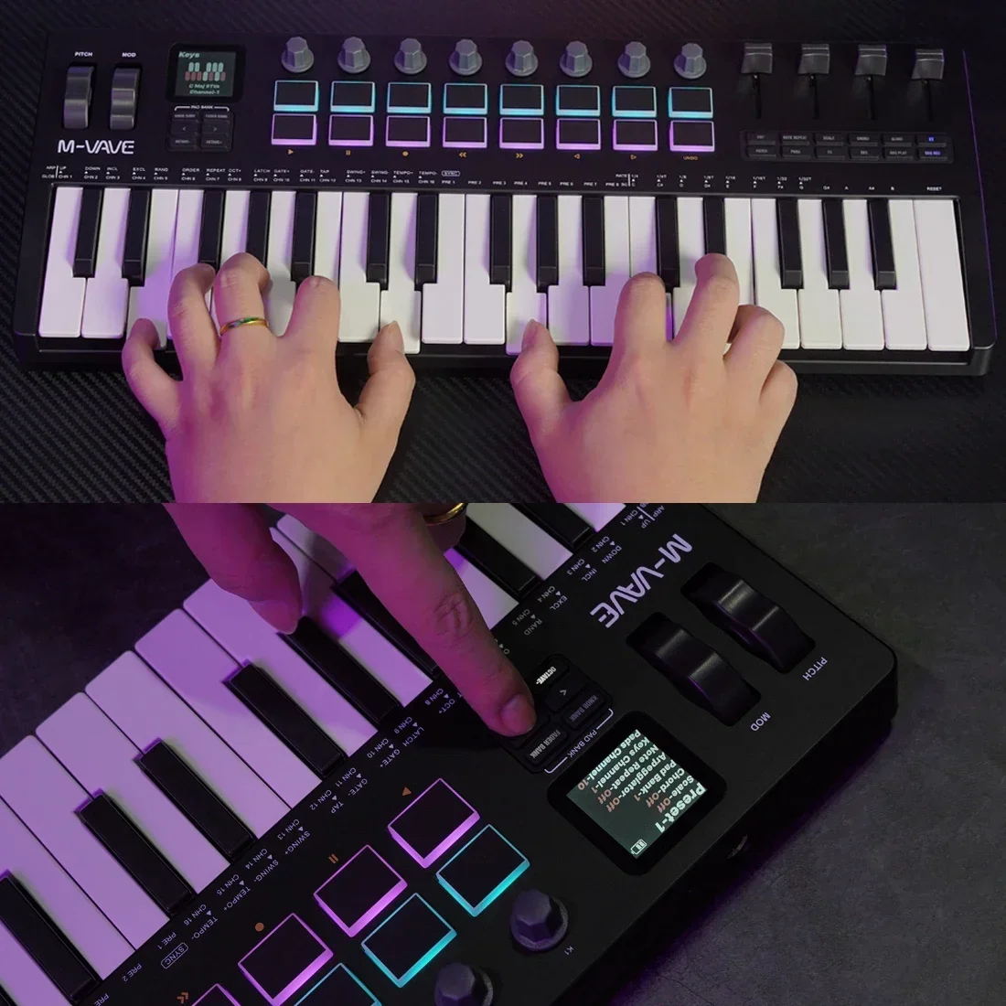 MIDI Keyboard M-VAVE SMK-37 Pro 37 Key MIDI Controller With Built-in Synth Engine 8 Knobs + 16 RGB Pads