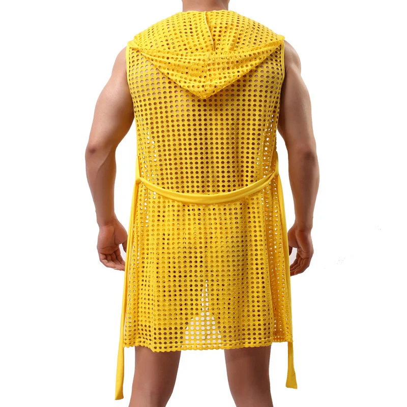 

Sexy Robe Slpwear Mesh Hoodie Slp Lounge Pajama Gay Wear Men's Hollow Fashion Perspective Dressing Gown Bathrobe(No shorts)