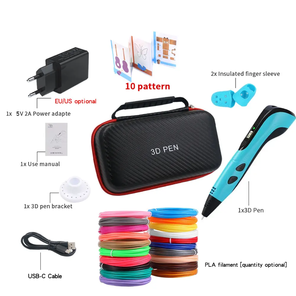 3D Printing Pen Set 3d printing pen with 200M PLA Filament Portable Travel Storage Box Power Adapter Children Birthday Christmas Creative Gift