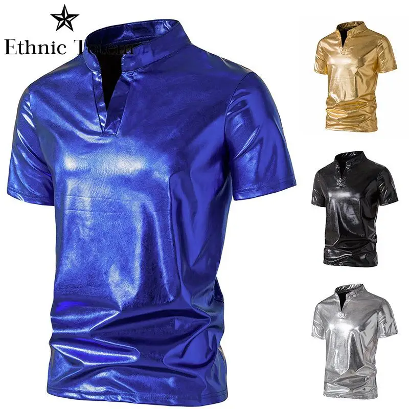 

Shiny Blue Shirt for Men Imitation Leather V Neck Short Sleeve Top Nightclub Glossy T Shirt Hombre 70S Disco Party Costumes