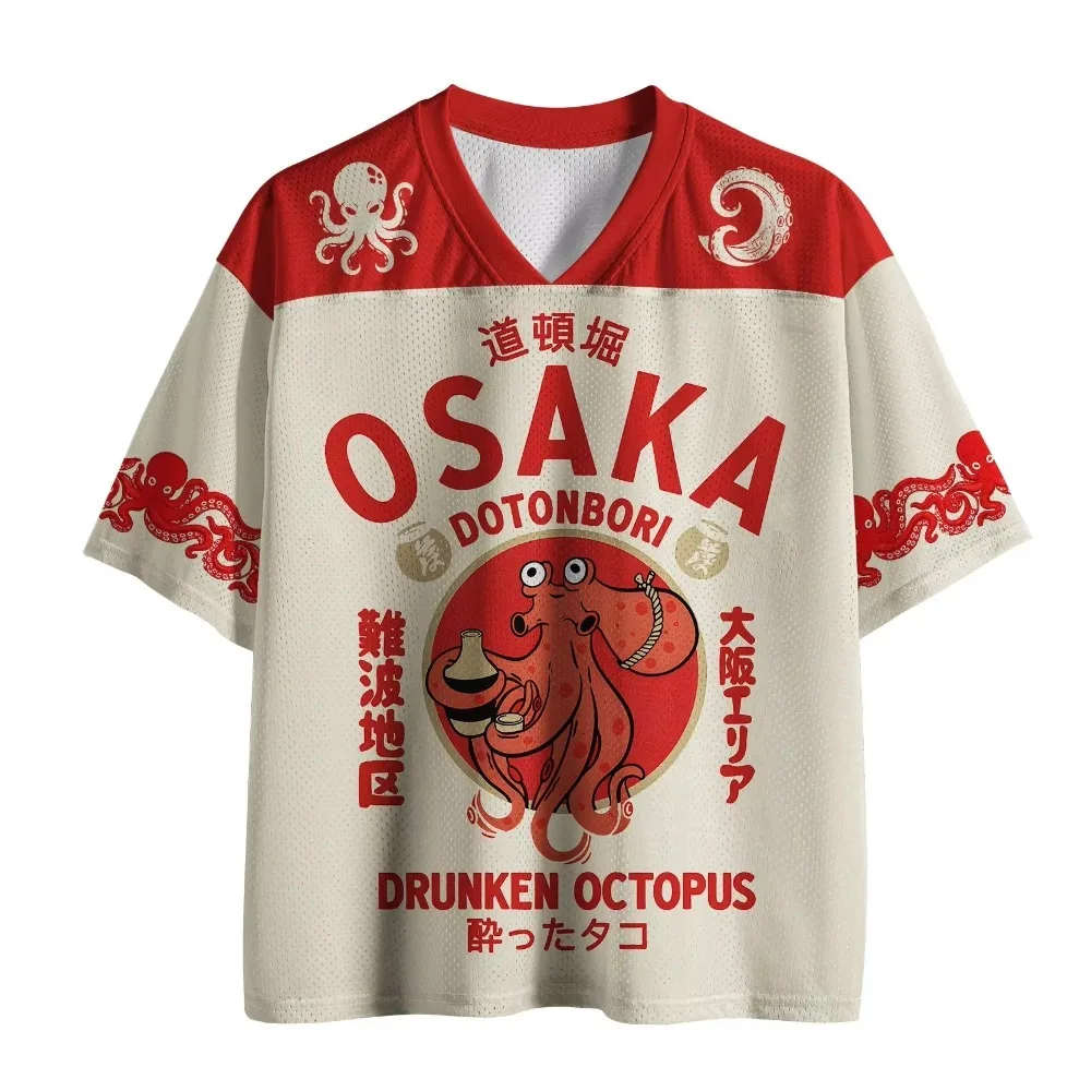 Harajuku Osaka Dotonbori Drunken Octopus3D Patt Quickdry Breatha Sportive Casual Herren V-Ausschnitt T-Shirt Street Y2K Eltern-Kind-Kleidung