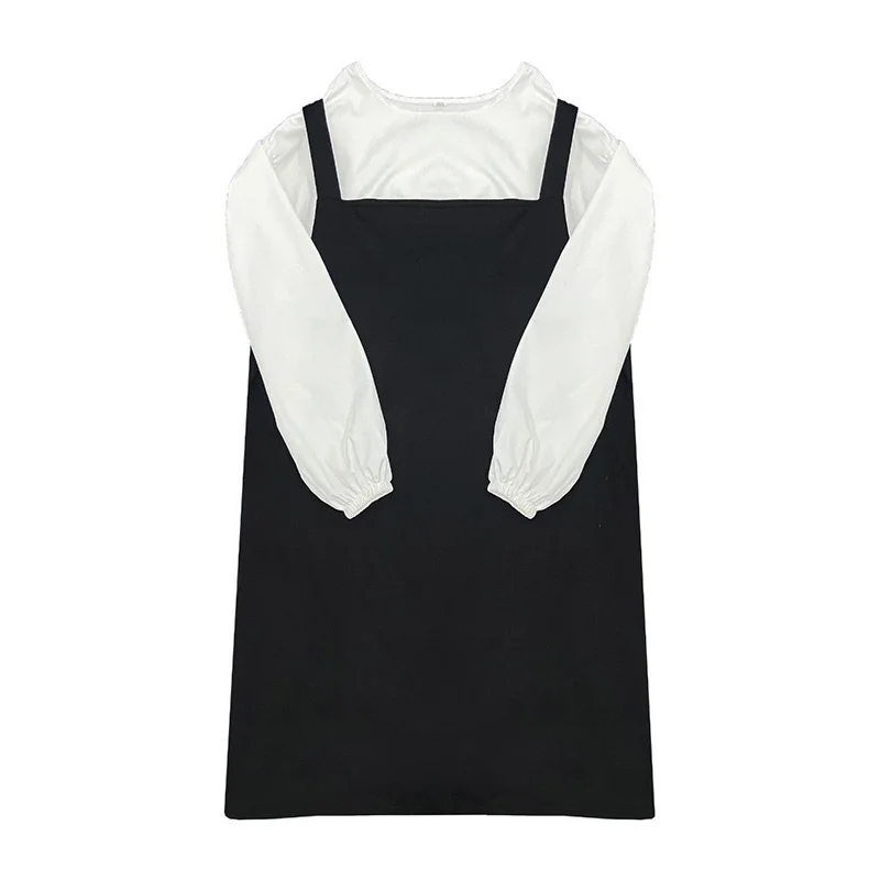 Korean Plus Size Clothes Round Neck White Puff Long Sleeve Top Fashion Black Pocket Design Loose Women's Sets Long Strap Dress
