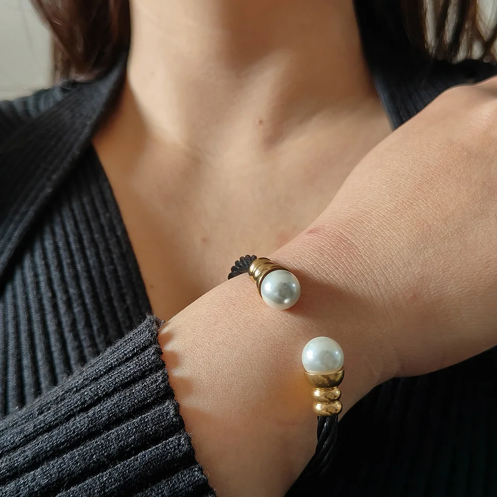 New double pearl stainless steel bracelet, twisted steel wire design, versatile jewelry, birthday gift 5