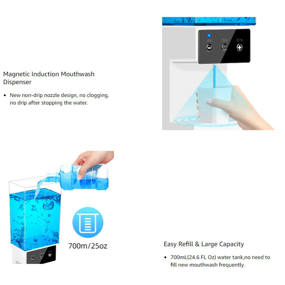 Automatic Mouthwash Dispenser With 2pcs Magnetic Cups For Household Oral Health Bathroom Wall Mounted 700ml 14.8x4.25x2.7inch 4
