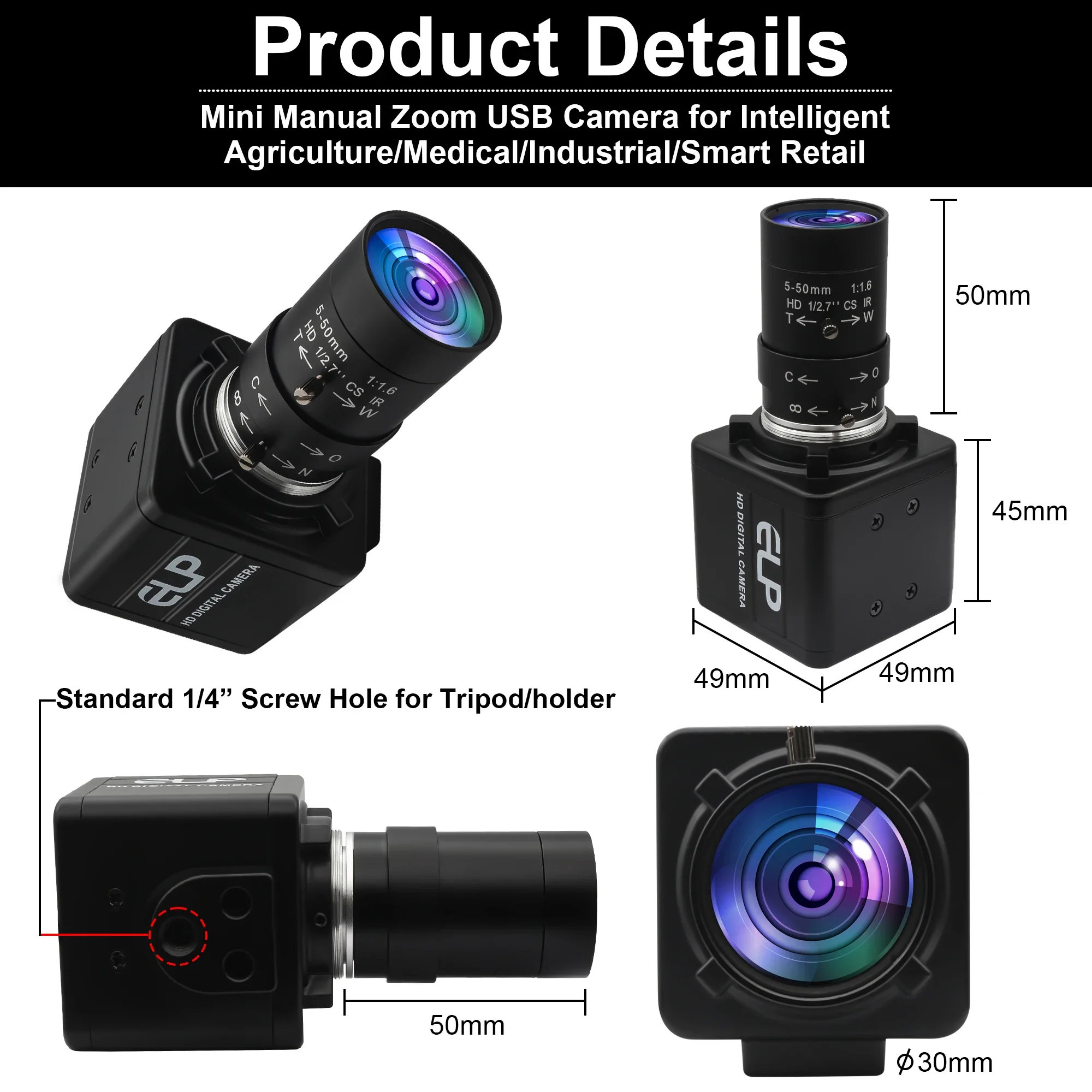 ELP 120fps 210fps Global Shutter USB Camera 800P 10X Zoom Monochrome Manual USB Webcam with 5-50mm Lens for Document Scanning