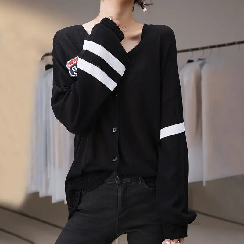 

Spring and Autumn Women's V-neck Solid Stripe Patch Color Contrast Single Breasted Hollow Out Long Sleeve Sweater Knit Coat Tops