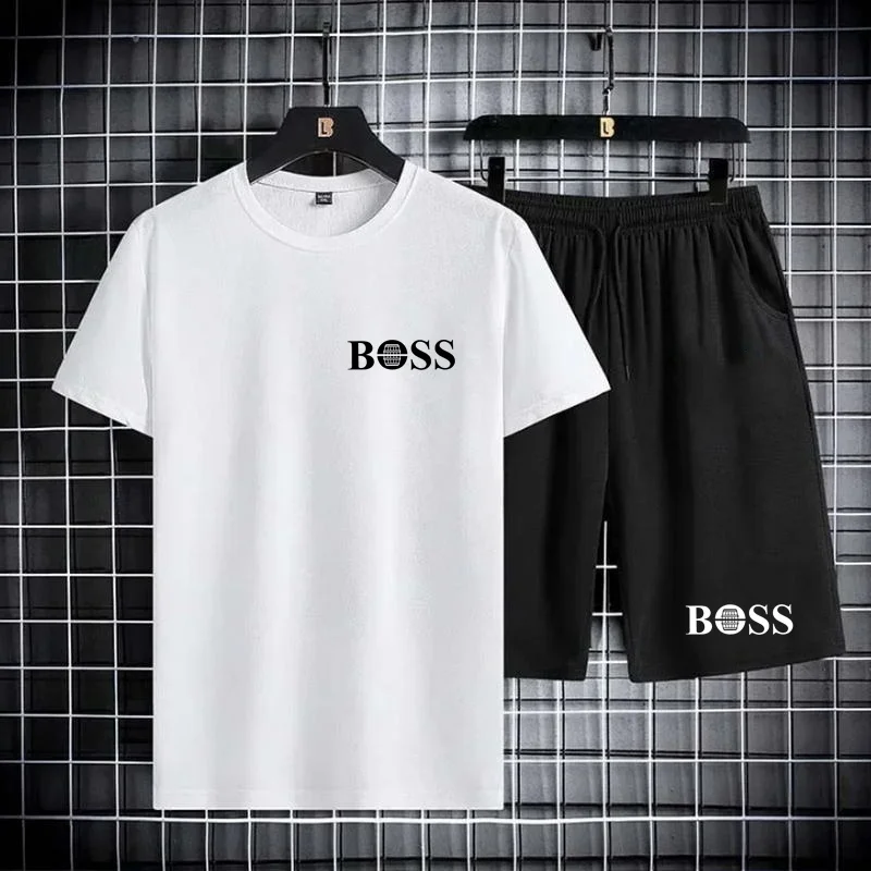 

Мужская спортивная футболка с коротким рукавом и принтом, Повседневная футболка с коротким рукавом и шорты, Спортивная футболка из двух частей для фитнеса