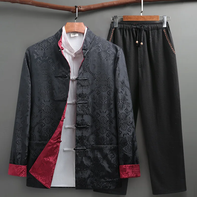 Costume deux pièces bleu pour homme de style chinois : Veste jacquard rouge à col montant et à simple boutonnage