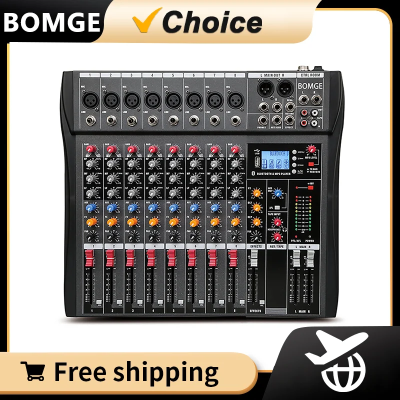 8 Channel Audio Mixer Sound Mixing Console Bluetooth USB PC Recording Input XLR Microphone Jack 48V Power
