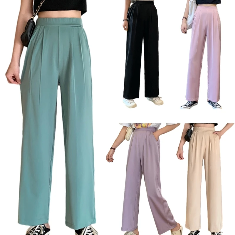 

Women Summer High Waist Wide Leg Suit Pants Elegant Solid Color Pleated Casual Loose Drape Straight Trouser with Pockets