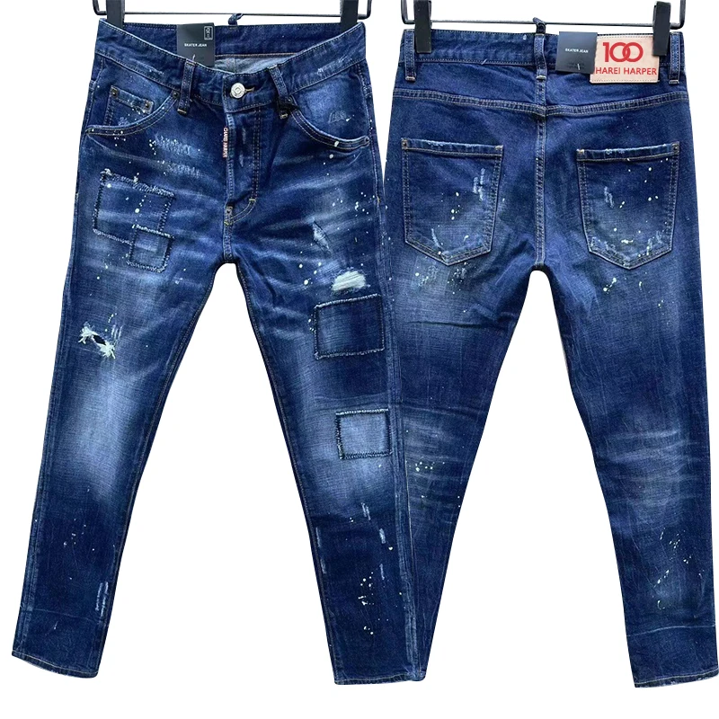 100 chareiharper c061 Men's jeans ripped fabric ground white patchwork paint splash vintage blue jeans