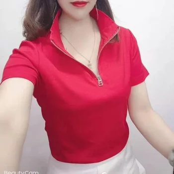 Camicia con collo a polo da donna tinta unita slim 100 ℅   Cotone Rosso Donna T Abbigliamento Trend 2025 Pulovers Stile Coreano Lusso nella Moda