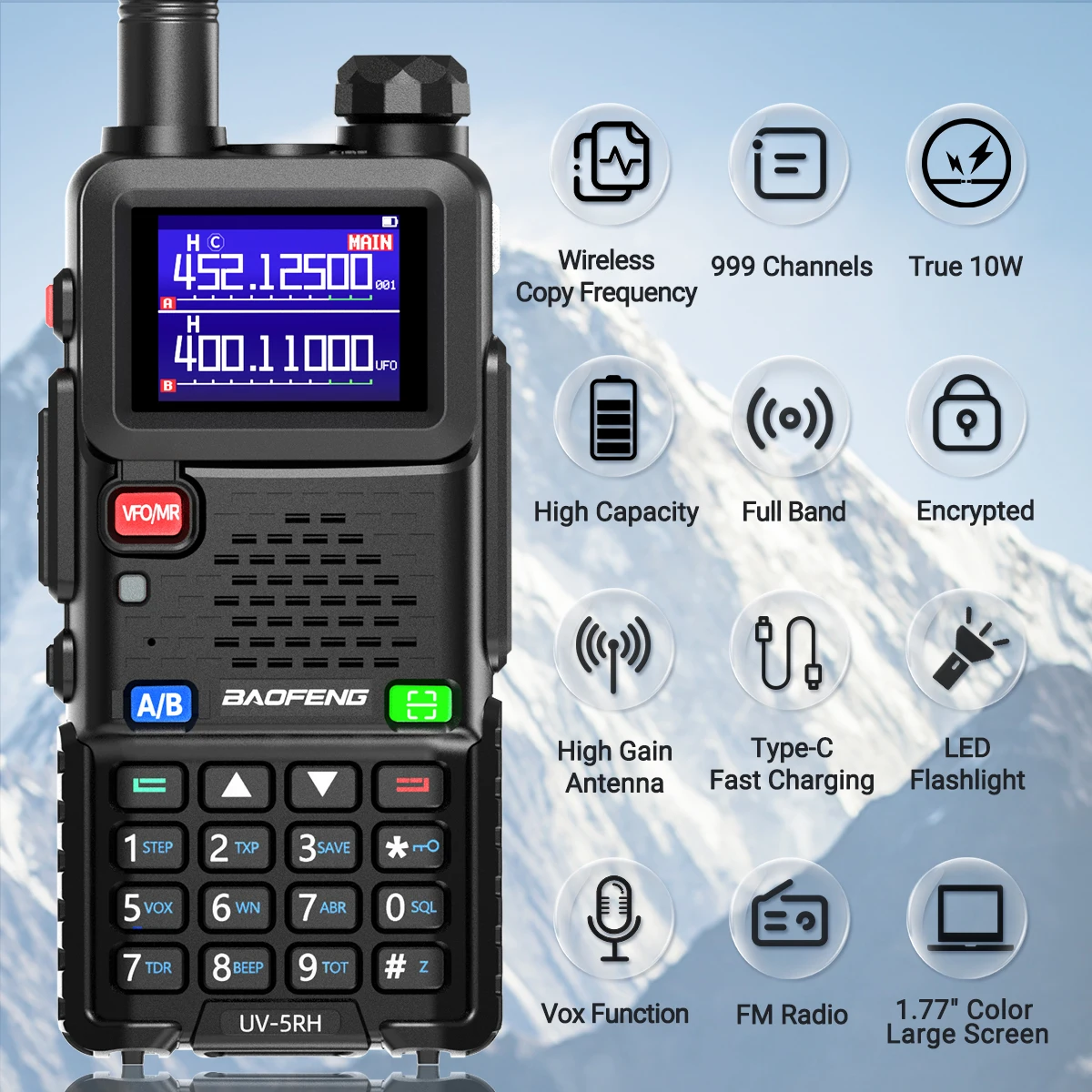 Baofeng-atualizado bandas completas Walkie Talkie, atualizado transceptor UV 5R, radiofone em dois sentidos, frequência de cópia com fio, carregador tipo C, UV 5R, 10W