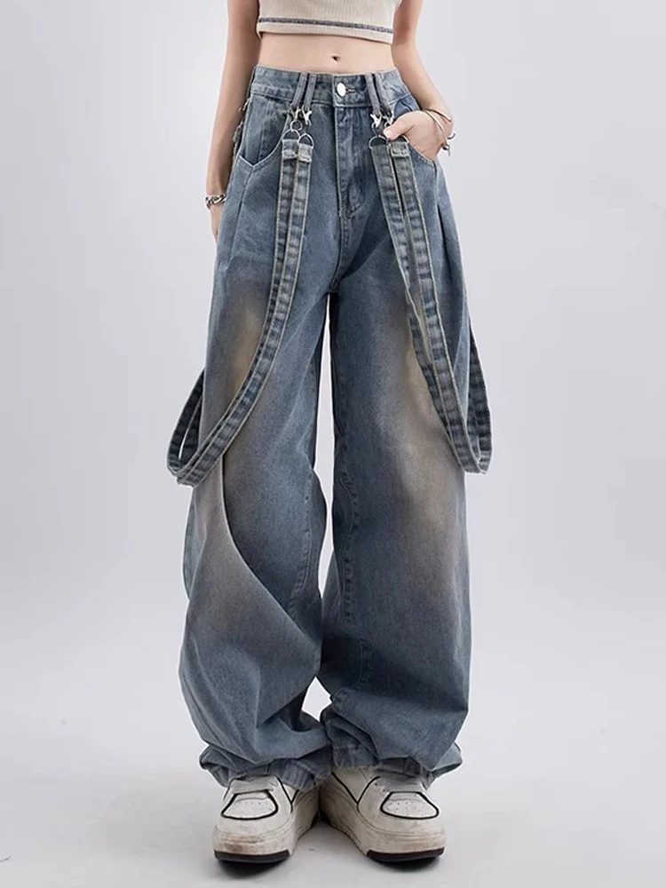 

Винтажные синие свободные джинсы, женская мода, уличная одежда, прямые широкие брюки из денима, джинсовые комбинезоны в стиле Харадзюку, мешковатые брюки
