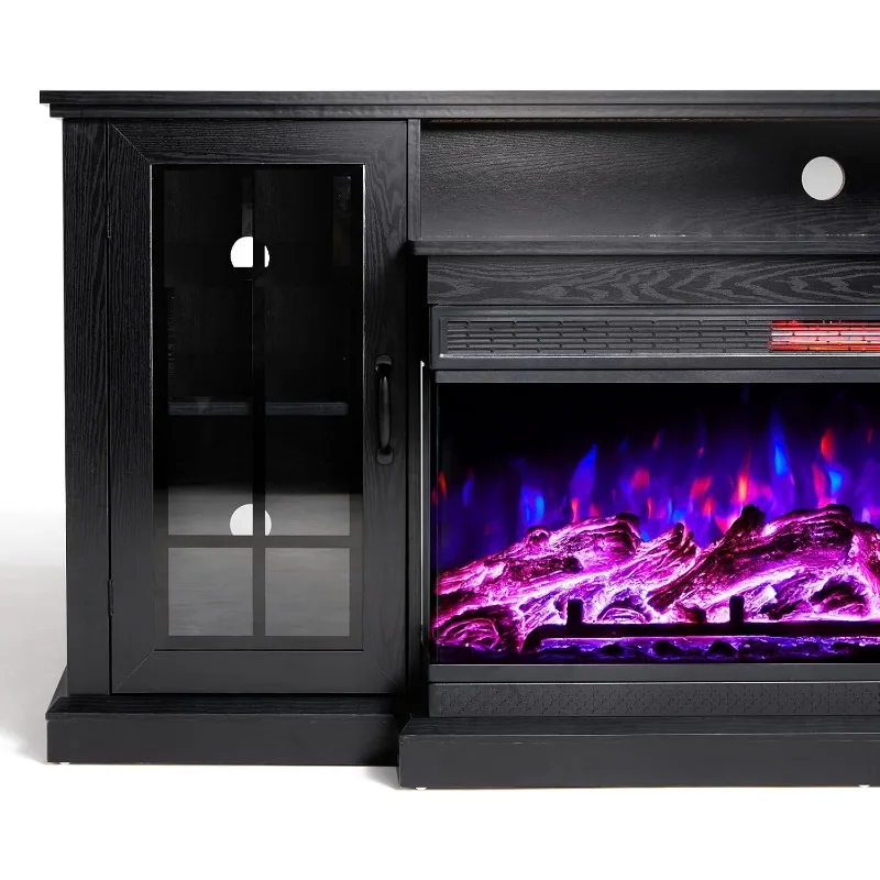 Glass Fireplace TV Stand for TVs up to 65'' with 12 Color,Media Entertainment Center Console Table with Doors Closed Storage 3
