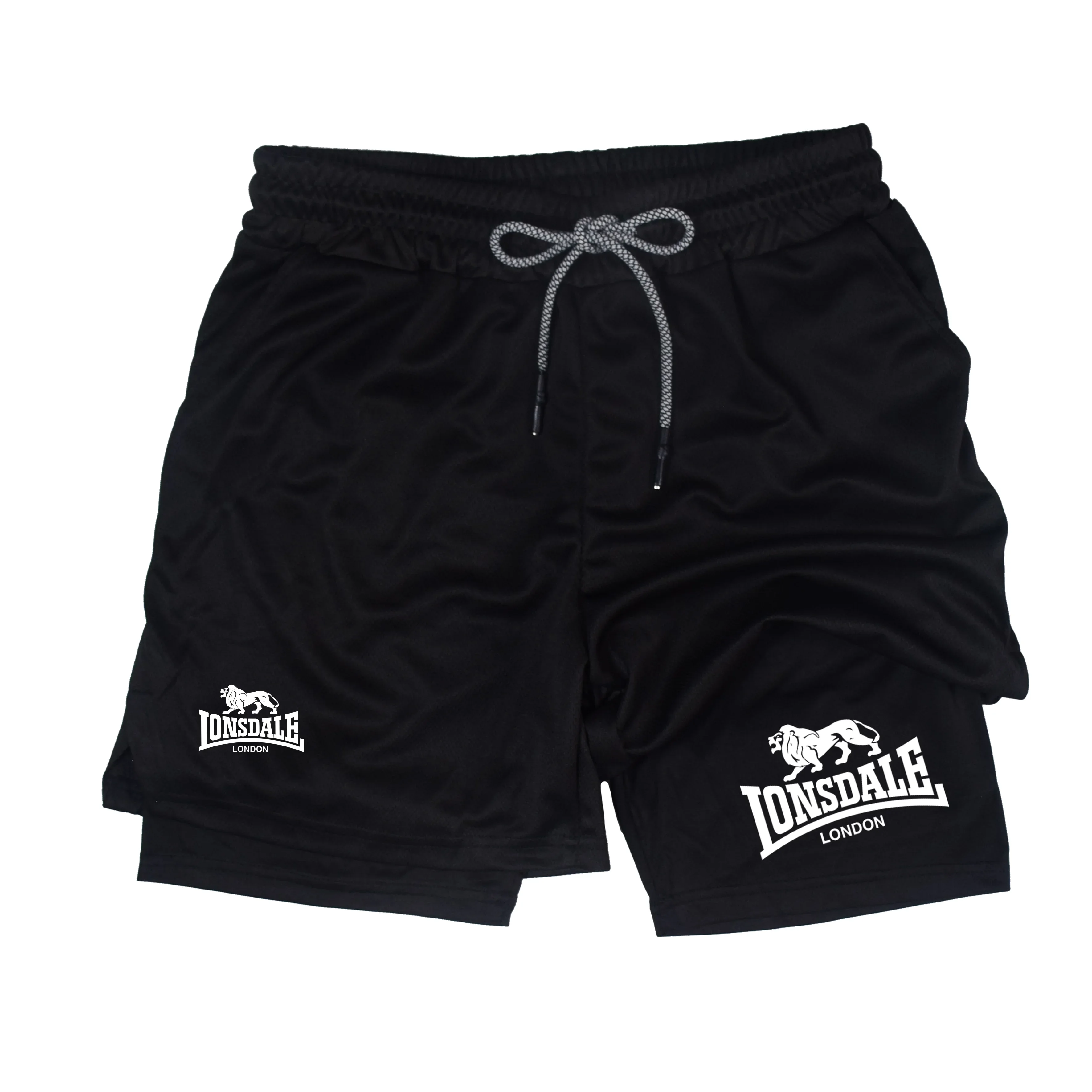 2 in 1 Running Shorts Men Workout Lonsdale Compression Shorts with Phone Pocket Towel Loop Summer Sport Athletic Activewear