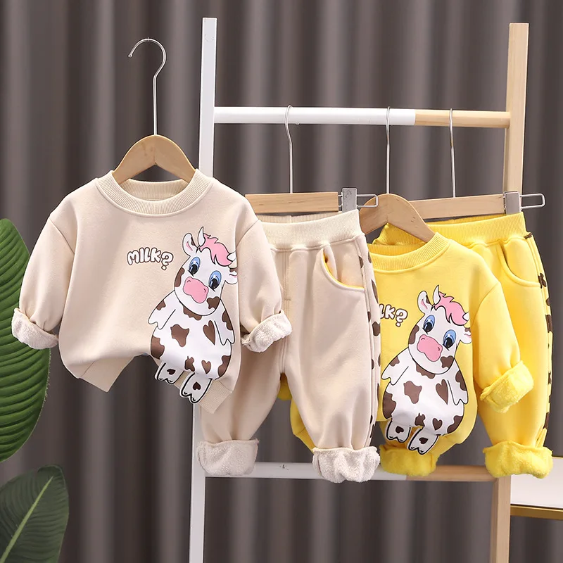 

Children Cashmere Clothes Set Winter New Baby Boys Girl Cartoon Plush Thicken Round Neck Sweater Pants 2Pcs New Infant Tracksuit