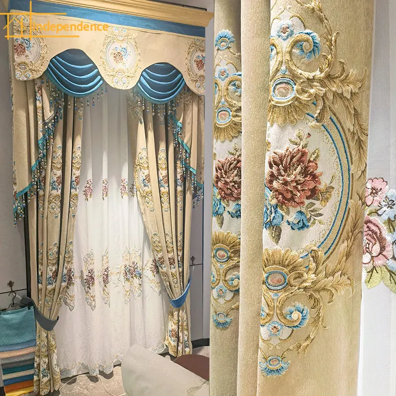 

New luxury high end cream color embossed embroidery blackout curtain window screen Curtains for Living dining room bedroom