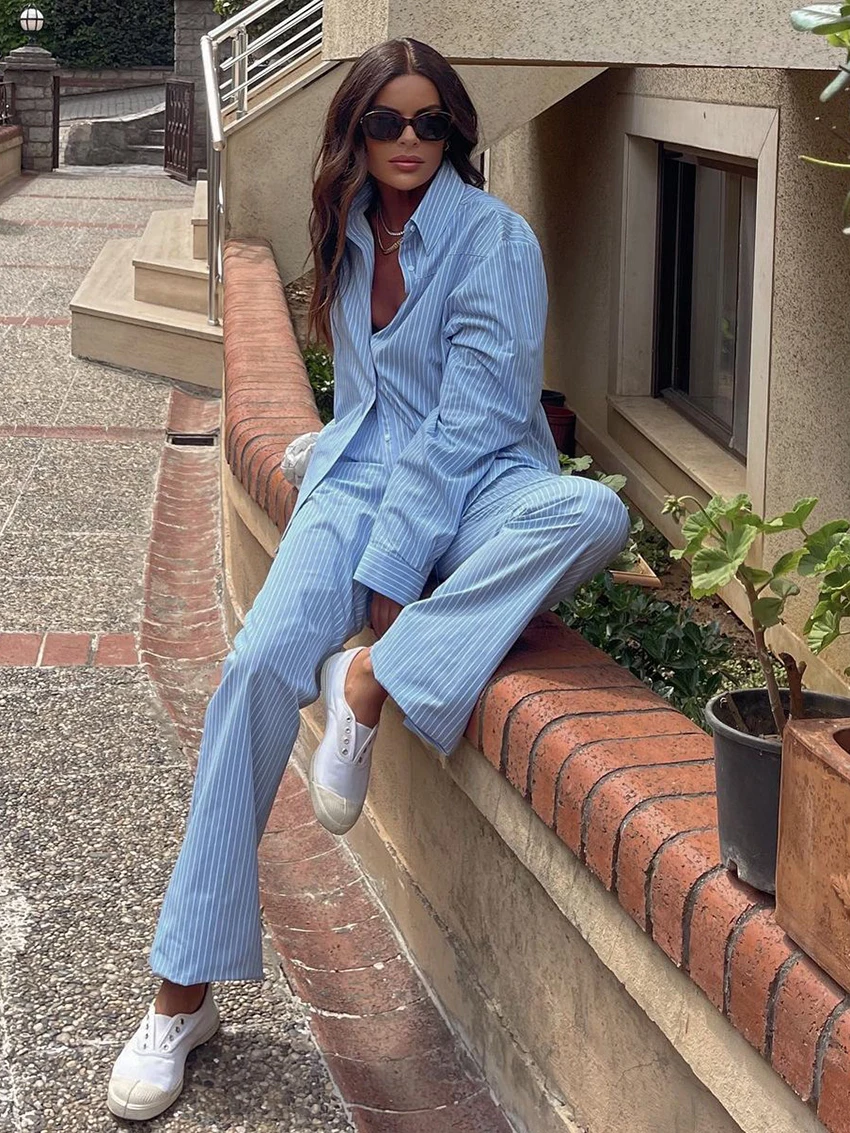 Marthaqiqi Fashion Striped Female Nightwear Set Long Sleeve Nightgown Turn-Down Collar Sleepwear Pants Women Pajama 2 Piece Suit