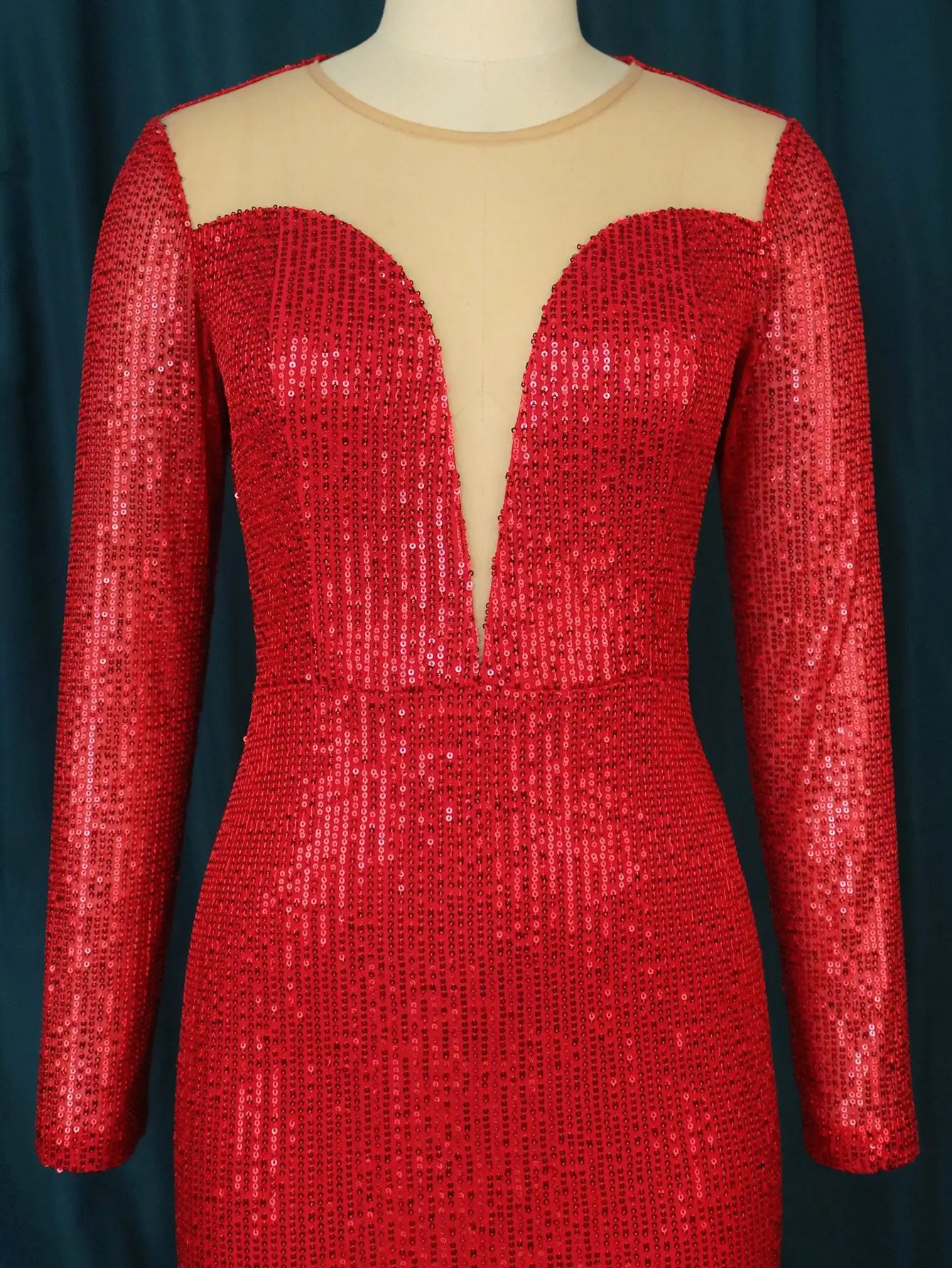 Plus Size Red Sequin Woman Dress Mesh See Through Chic Elegant Club Outfit Casual Luxury Gown 2023 Spring Evening Party Dress