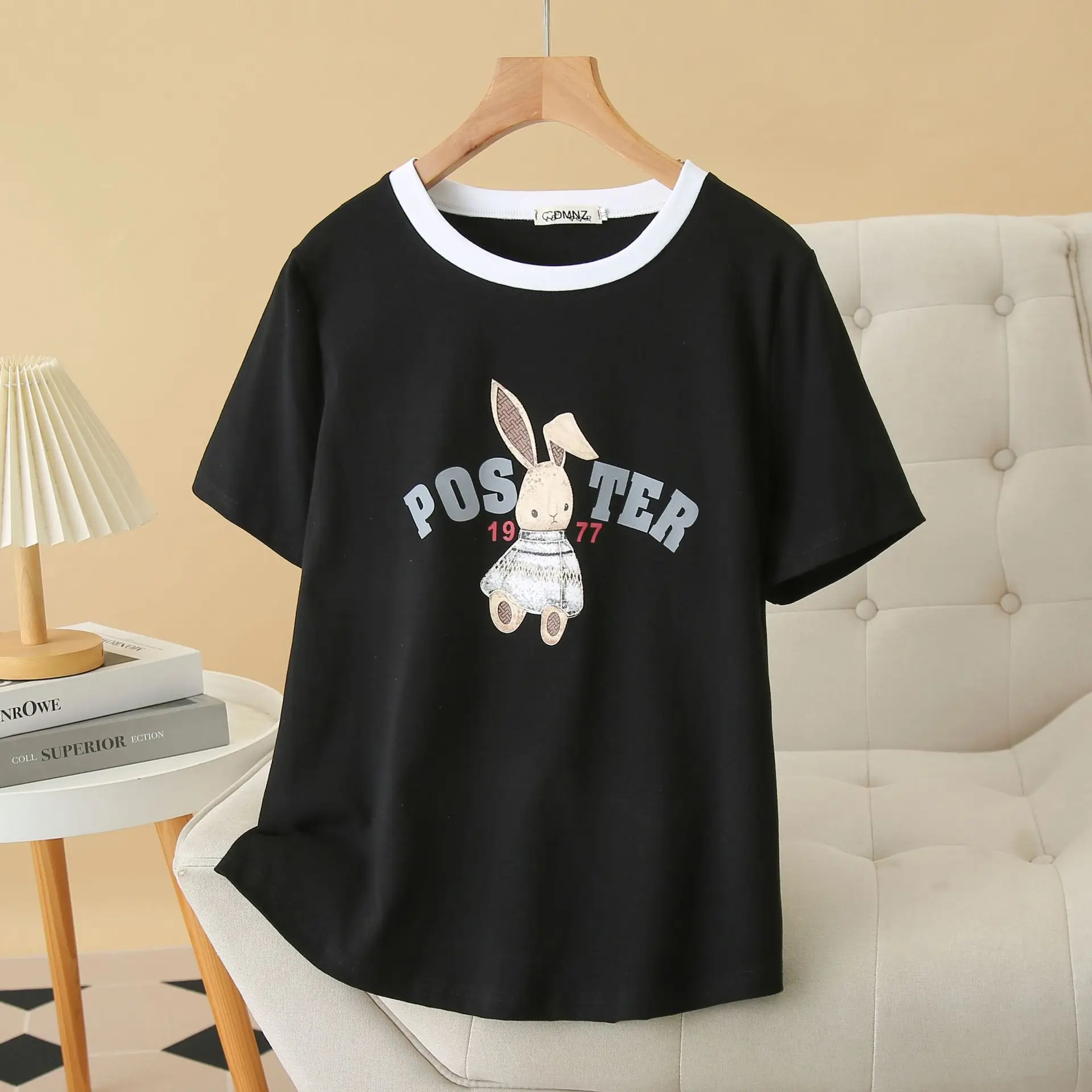 Summer Top 100kg New Casual Block Color Collar Print Rabbit Short Sleeve Tees Plus Size Women T-shirt 019