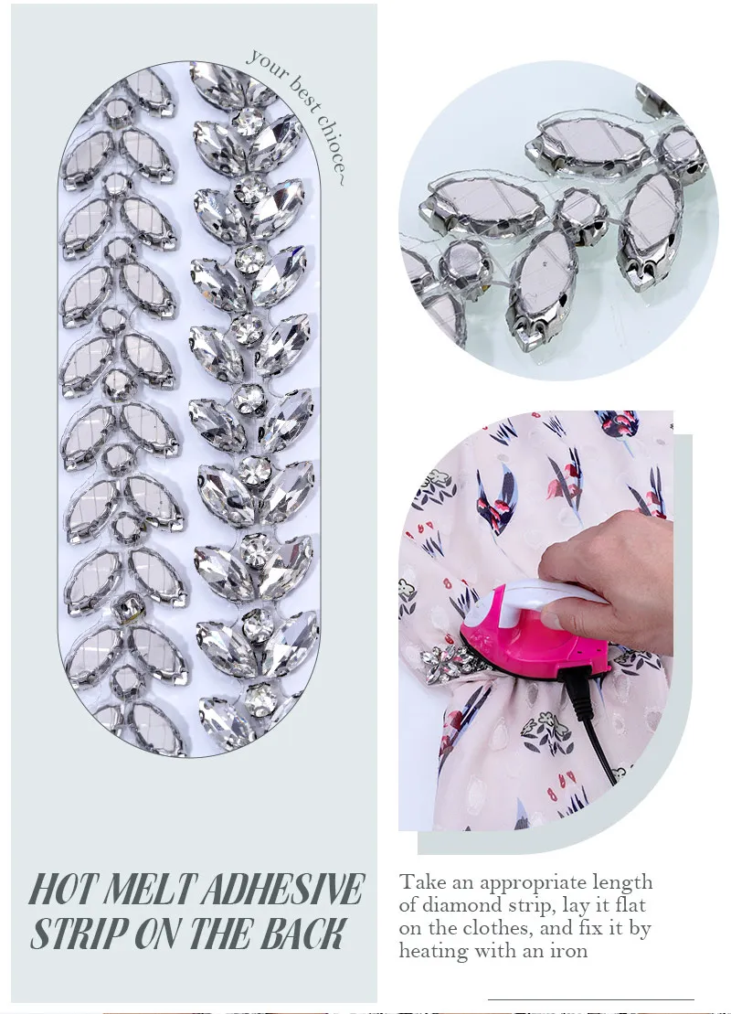 Neue 1-Yard-Kristall-Strassbesatz, modisch geformt, DIY-Reparatur, zum Aufbügeln, Strassband, Kristalle, Kleid, Schuhe, Taschen, Zubehör – Detail 3