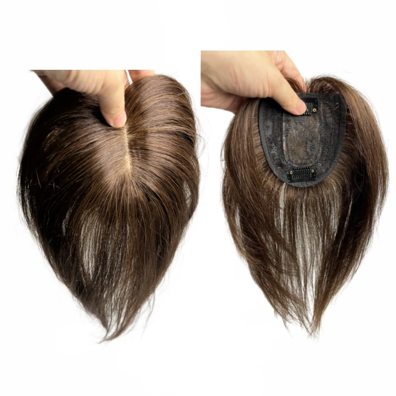 100% Human Hair Toppers for Women 10inch Clips in Human Hair Bangs Fringe Hairpieces Middle Part Brown Anemone Non-remy human hair toppers