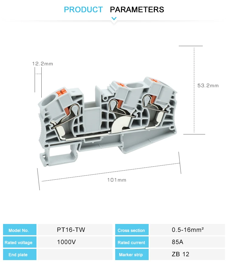 PT16-TW Push-in-DIN-Schienenklemmenblock, 1 Eingang, 2 Ausgänge, 16 mm2, Kabelstecker, elektrischer Steckverbinder, 3 Leiter, PT 16 PT16-TWIN – Detail 11