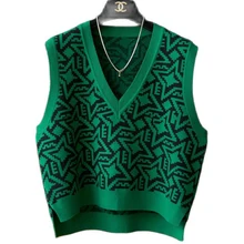 

Autumn and Winter Wear Mosaic Jacquard V-neck Knitted Vest Women's Misplaced Hem Sweater Knitted Vest Top Green