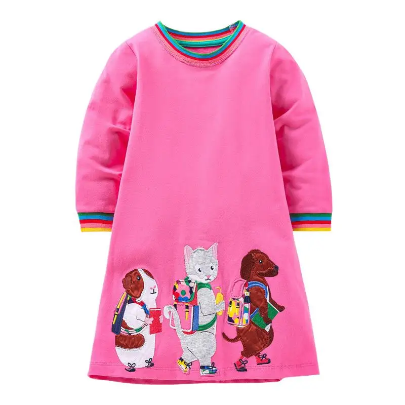 Baby Girls Long Sleeves Dress Cotton with Lovely Animals Carry Schoolbag Go to School Autumn Casual Clothes for Kid