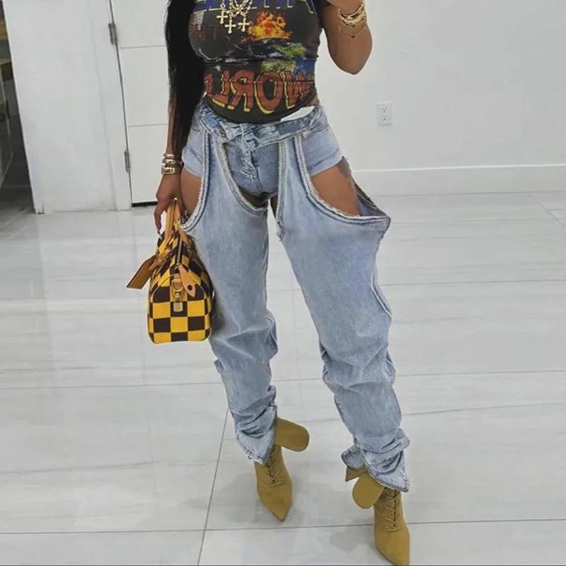 

KOXINVES Casual Personality Jeans Women Spring New High Waist Solid Color Hollow Out Fashion Trend Irregular Pencil Pants WS2046